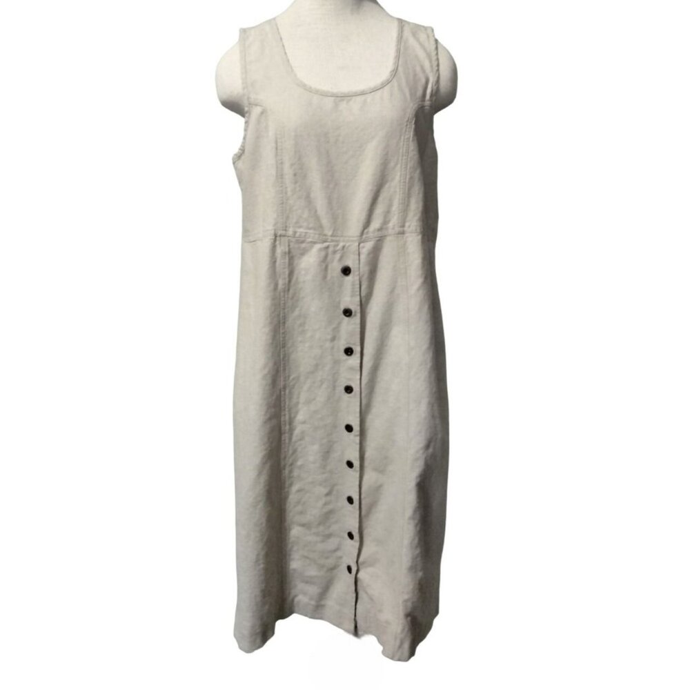 Erika & Co Size Large Dress Khaki Button Front Sleeveless Linen Blend - Picture 2 of 8